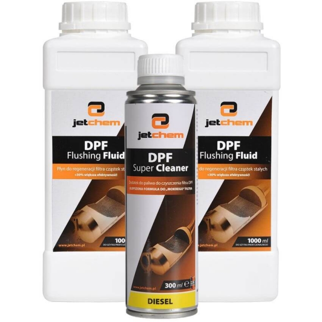 Jak wyczyścić filtr DPF? Zastosować zestaw do czyszczenia DPF od JETCHEM w skład którego wchodzi koncentrat do namaczania i preparat do czyszczenia DPF